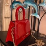 Genuine Glossy Patent Leather Mini Gold chain Strap Tote Bag - wine