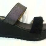 Genuine Pure Fur Leather Platform Wedge Slippers - BLACK